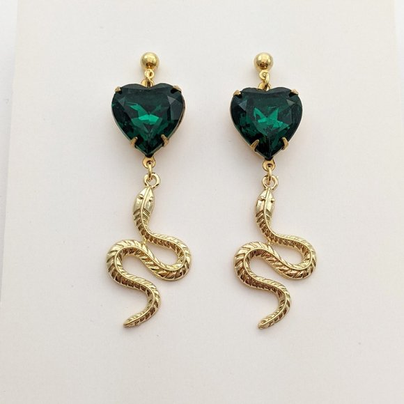 Emerald Crystal Heart Snake Earrings - Picture 2 of 3